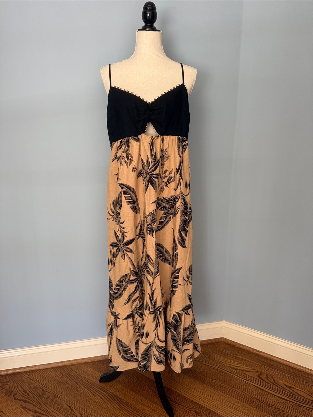 SALE🍁"A New Day" Black and Tan Floral Maxi Dress with Spaghetti Straps
